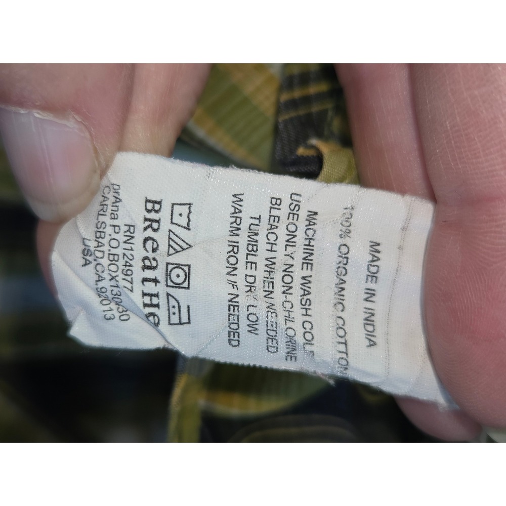 Prana Mens XL Short Sleeve Plaid Snap Front Shirt Yellow Green Organic Cotton - Picture 6 of 8